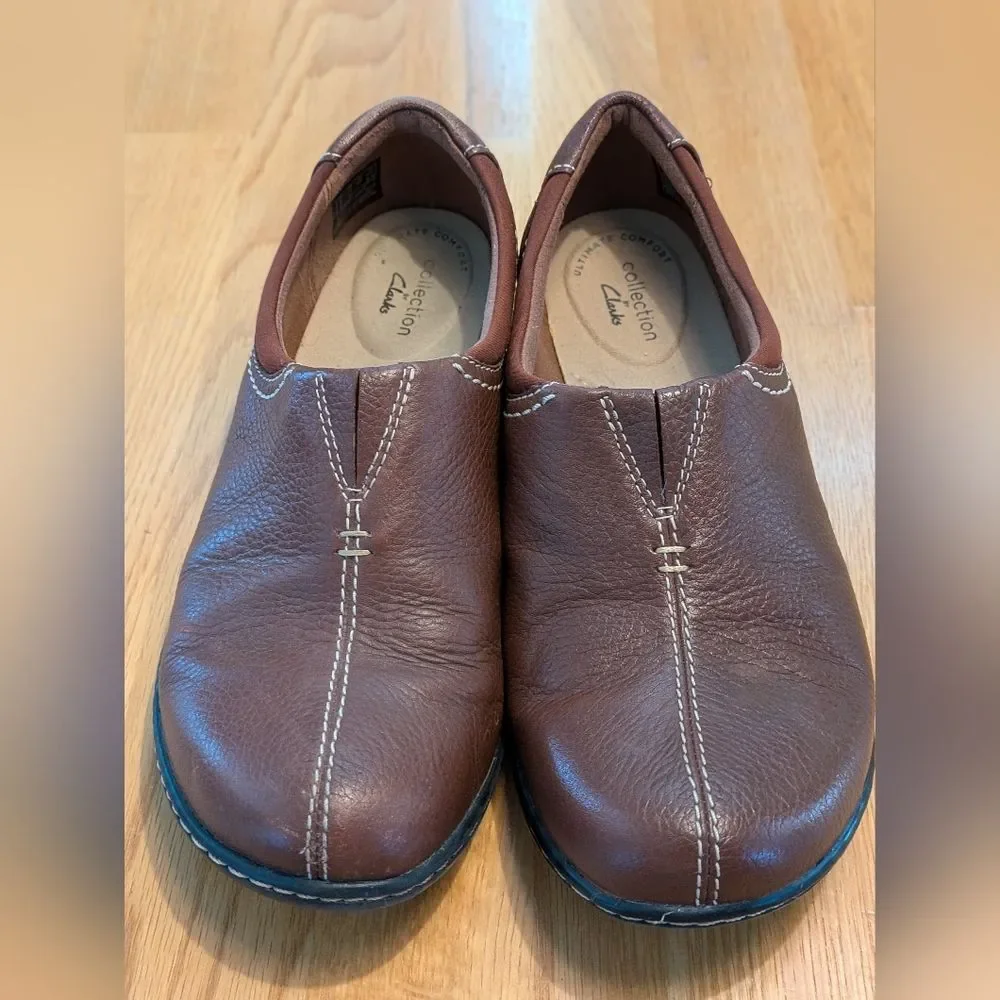 Clarks Ashland Joy Brown Leather Slip On Ultimate Comfort Loafers Women’s 7.5